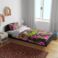 Nevada Battle Born The Silver State 777 Bedding Set Vibrant Lime Pink Splatter Punk Rock Bull Skull Art