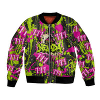 Nevada Battle Born The Silver State 777 Bomber Jacket Vibrant Lime Pink Splatter Punk Rock Bull Skull Art