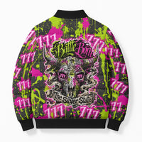 Nevada Battle Born The Silver State 777 Bomber Puffer Jacket Vibrant Lime Pink Splatter Punk Rock Bull Skull Art