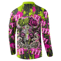 Nevada Battle Born The Silver State 777 Button Sweatshirt Vibrant Lime Pink Splatter Punk Rock Bull Skull Art