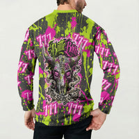 Nevada Battle Born The Silver State 777 Button Sweatshirt Vibrant Lime Pink Splatter Punk Rock Bull Skull Art