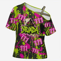 Nevada Battle Born The Silver State 777 Cross Shoulder Shirt Vibrant Lime Pink Splatter Punk Rock Bull Skull Art