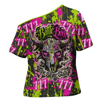 Nevada Battle Born The Silver State 777 Cross Shoulder Shirt Vibrant Lime Pink Splatter Punk Rock Bull Skull Art