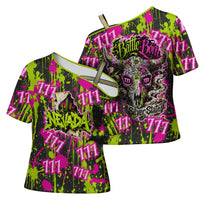 Nevada Battle Born The Silver State 777 Cross Shoulder Shirt Vibrant Lime Pink Splatter Punk Rock Bull Skull Art