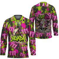 Nevada Battle Born The Silver State 777 Hockey Jersey Vibrant Lime Pink Splatter Punk Rock Bull Skull Art