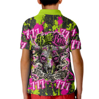 Nevada Battle Born The Silver State 777 Kid Polo Shirt Vibrant Lime Pink Splatter Punk Rock Bull Skull Art