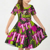 Nevada Battle Born The Silver State 777 Kid Short Sleeve Dress Vibrant Lime Pink Splatter Punk Rock Bull Skull Art
