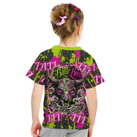 Nevada Battle Born The Silver State 777 Kid T Shirt Vibrant Lime Pink Splatter Punk Rock Bull Skull Art
