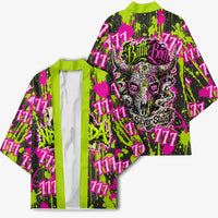 Nevada Battle Born The Silver State 777 Kimono Vibrant Lime Pink Splatter Punk Rock Bull Skull Art