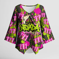 Nevada Battle Born The Silver State 777 Kimono Sleeve Blouse Vibrant Lime Pink Splatter Punk Rock Bull Skull Art