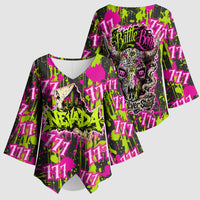 Nevada Battle Born The Silver State 777 Kimono Sleeve Blouse Vibrant Lime Pink Splatter Punk Rock Bull Skull Art