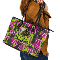 Nevada Battle Born The Silver State 777 Leather Tote Bag Vibrant Lime Pink Splatter Punk Rock Bull Skull Art