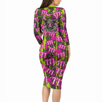 Nevada Battle Born The Silver State 777 Long Sleeve Bodycon Dress Vibrant Lime Pink Splatter Punk Rock Bull Skull Art