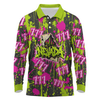 Nevada Battle Born The Silver State 777 Long Sleeve Polo Shirt Vibrant Lime Pink Splatter Punk Rock Bull Skull Art