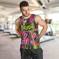 Nevada Battle Born The Silver State 777 Men Tank Top Vibrant Lime Pink Splatter Punk Rock Bull Skull Art