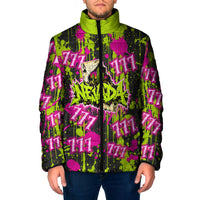 Nevada Battle Born The Silver State 777 Padded Jacket Vibrant Lime Pink Splatter Punk Rock Bull Skull Art