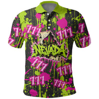 Nevada Battle Born The Silver State 777 Polo Shirt Vibrant Lime Pink Splatter Punk Rock Bull Skull Art