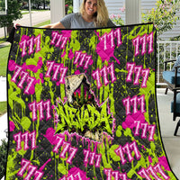 Nevada Battle Born The Silver State 777 Quilt Vibrant Lime Pink Splatter Punk Rock Bull Skull Art