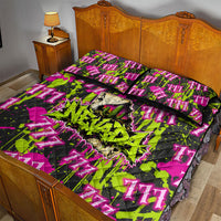 Nevada Battle Born The Silver State 777 Quilt Bed Set Vibrant Lime Pink Splatter Punk Rock Bull Skull Art
