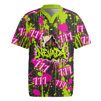Nevada Battle Born The Silver State 777 Rugby Jersey Vibrant Lime Pink Splatter Punk Rock Bull Skull Art