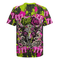 Nevada Battle Born The Silver State 777 Rugby Jersey Vibrant Lime Pink Splatter Punk Rock Bull Skull Art