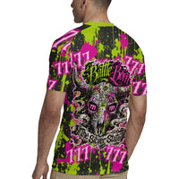 Nevada Battle Born The Silver State 777 Rugby Jersey Vibrant Lime Pink Splatter Punk Rock Bull Skull Art