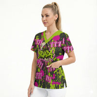 Nevada Battle Born The Silver State 777 Scrub Top Vibrant Lime Pink Splatter Punk Rock Bull Skull Art