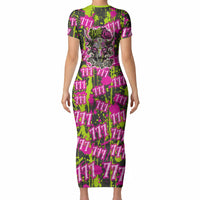 Nevada Battle Born The Silver State 777 Short Sleeve Bodycon Dress Vibrant Lime Pink Splatter Punk Rock Bull Skull Art