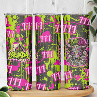 Nevada Battle Born The Silver State 777 Skinny Tumbler Vibrant Lime Pink Splatter Punk Rock Bull Skull Art