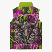 Nevada Battle Born The Silver State 777 Sleeveless Puffer Jacket Vibrant Lime Pink Splatter Punk Rock Bull Skull Art