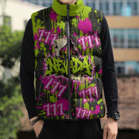 Nevada Battle Born The Silver State 777 Sleeveless Puffer Jacket Vibrant Lime Pink Splatter Punk Rock Bull Skull Art
