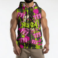 Nevada Battle Born The Silver State 777 Sleeveless Zip Hoodie Vibrant Lime Pink Splatter Punk Rock Bull Skull Art