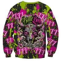 Nevada Battle Born The Silver State 777 Sweatshirt Vibrant Lime Pink Splatter Punk Rock Bull Skull Art