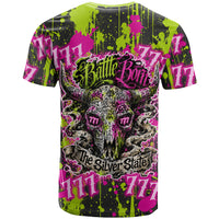 Nevada Battle Born The Silver State 777 T Shirt Vibrant Lime Pink Splatter Punk Rock Bull Skull Art