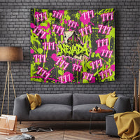 Nevada Battle Born The Silver State 777 Tapestry Vibrant Lime Pink Splatter Punk Rock Bull Skull Art