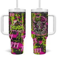 Nevada Battle Born The Silver State 777 Tumbler With Handle Vibrant Lime Pink Splatter Punk Rock Bull Skull Art