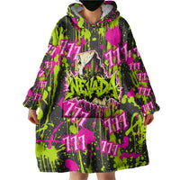 Nevada Battle Born The Silver State 777 Wearable Blanket Hoodie Vibrant Lime Pink Splatter Punk Rock Bull Skull Art