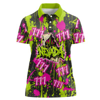 Nevada Battle Born The Silver State 777 Women Polo Shirt Vibrant Lime Pink Splatter Punk Rock Bull Skull Art