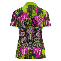 Nevada Battle Born The Silver State 777 Women Polo Shirt Vibrant Lime Pink Splatter Punk Rock Bull Skull Art