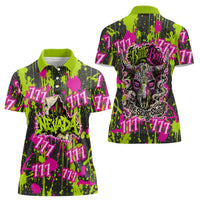 Nevada Battle Born The Silver State 777 Women Polo Shirt Vibrant Lime Pink Splatter Punk Rock Bull Skull Art