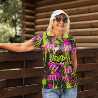 Nevada Battle Born The Silver State 777 Women Polo Shirt Vibrant Lime Pink Splatter Punk Rock Bull Skull Art
