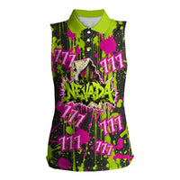 Nevada Battle Born The Silver State 777 Women Sleeveless Polo Shirt Vibrant Lime Pink Splatter Punk Rock Bull Skull Art