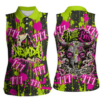 Nevada Battle Born The Silver State 777 Women Sleeveless Polo Shirt Vibrant Lime Pink Splatter Punk Rock Bull Skull Art