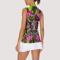 Nevada Battle Born The Silver State 777 Women Sleeveless Polo Shirt Vibrant Lime Pink Splatter Punk Rock Bull Skull Art