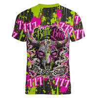 Nevada Battle Born The Silver State 777 Women V-Neck T-Shirt Vibrant Lime Pink Splatter Punk Rock Bull Skull Art