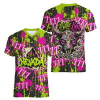 Nevada Battle Born The Silver State 777 Women V-Neck T-Shirt Vibrant Lime Pink Splatter Punk Rock Bull Skull Art