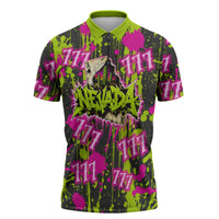 Nevada Battle Born The Silver State 777 Zipper Polo Shirt Vibrant Lime Pink Splatter Punk Rock Bull Skull Art