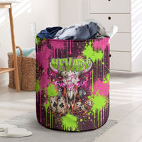 Nevada Area 51 Bull Skull Alien UFO Laundry Basket Vibrant Pink Lime Paint Drip Graffiti Street Art Style