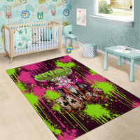 Nevada Area 51 Bull Skull Alien UFO Area Rug Vibrant Pink Lime Paint Drip Graffiti Street Art Style