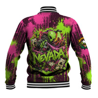 Nevada Area 51 Bull Skull Alien UFO Baseball Jacket Vibrant Pink Lime Paint Drip Graffiti Street Art Style